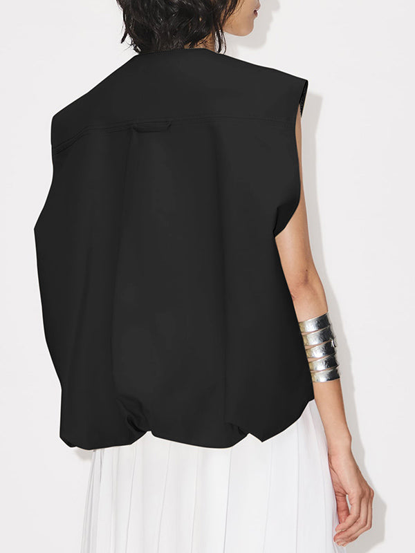 Pockets Split-Joint Zipper Loose Sleeveless Round-Neck Vest Outerwear