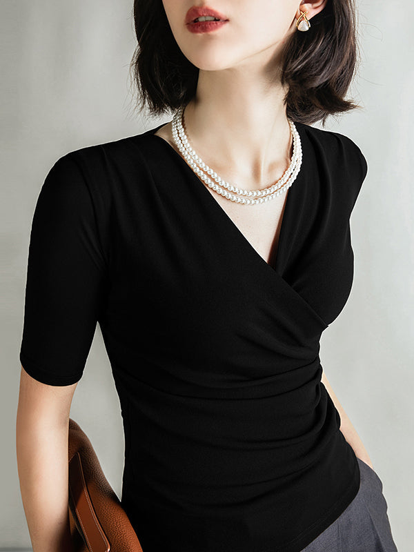 Pleated Solid Color Half Sleeves Skinny V-Neck T-Shirts Tops
