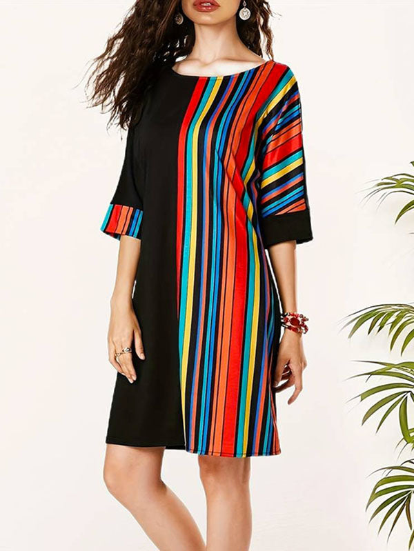 Asymmetric Contrast Color Striped A-line Half Sleeves Round-neck Mini Dresses