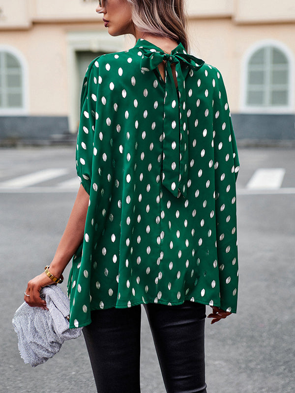 Bandage Polka Dot Loose Round-Neck Blouses&Shirts Tops