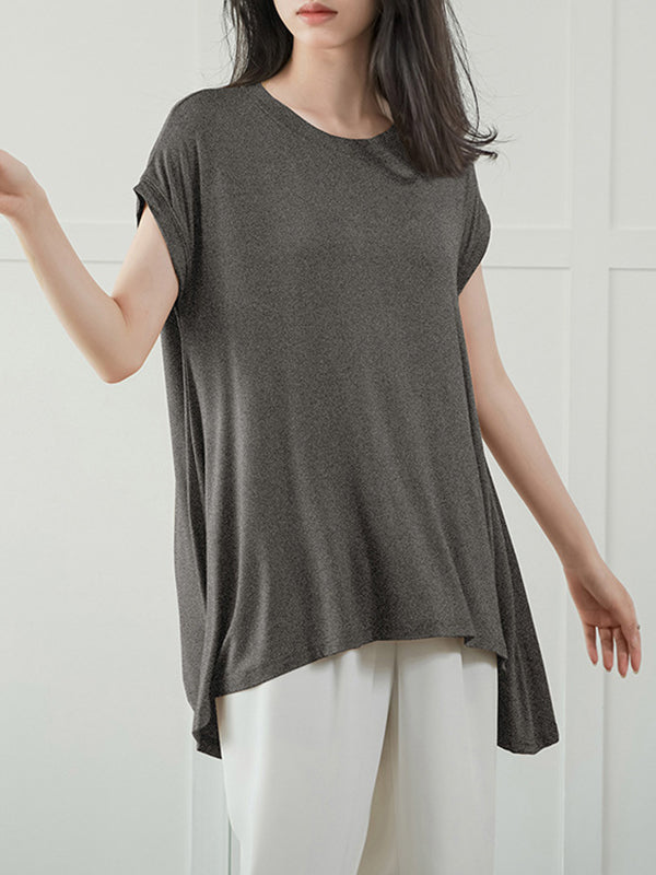 Asymmetric Solid Color High-Low Loose Round-Neck T-Shirts Tops