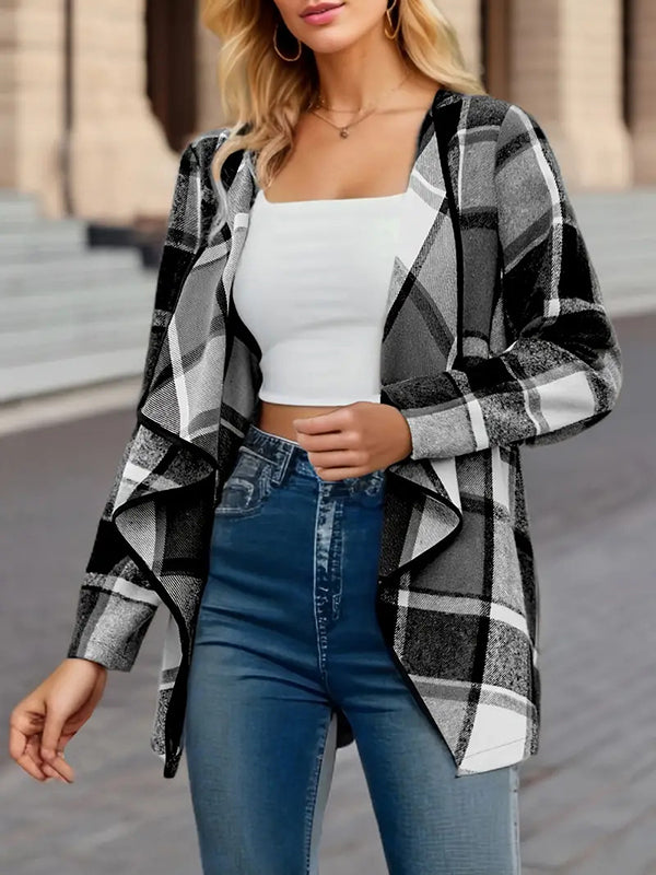 Contrast Color Plaid Split-Joint Long Sleeves Loose Collarless Outerwear