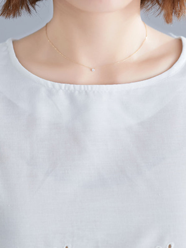 Hollow Print Loose Three-quarter Sleeves Round-neck Blouses&shirts Tops