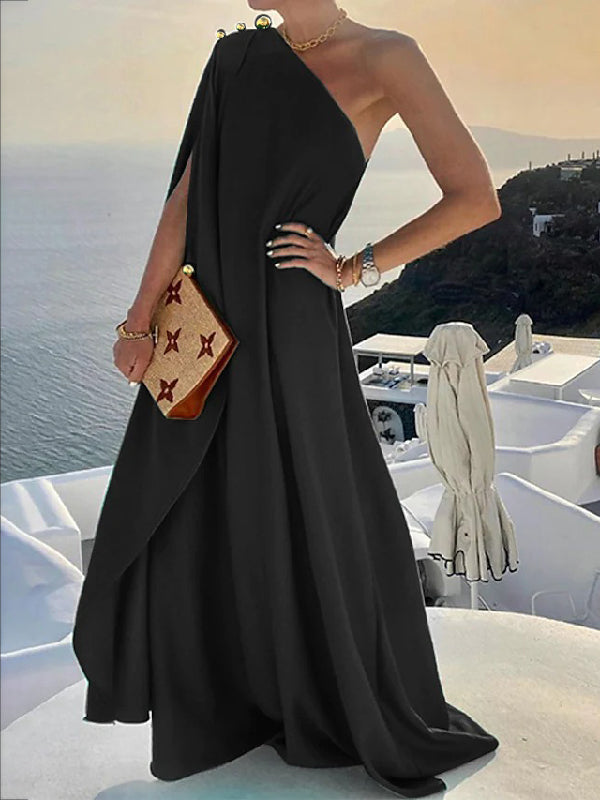Simple Asymmetric Solid Color One-Shoulder Maxi Dresses