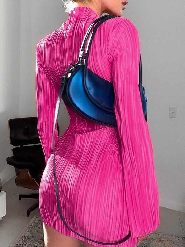 Pleated Solid Color Bodycon Flared Sleeves Mock Neck Mini Dresses