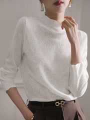 Hollow Jacquard Solid Color Long Sleeves T-Shirts Tops Knitwear