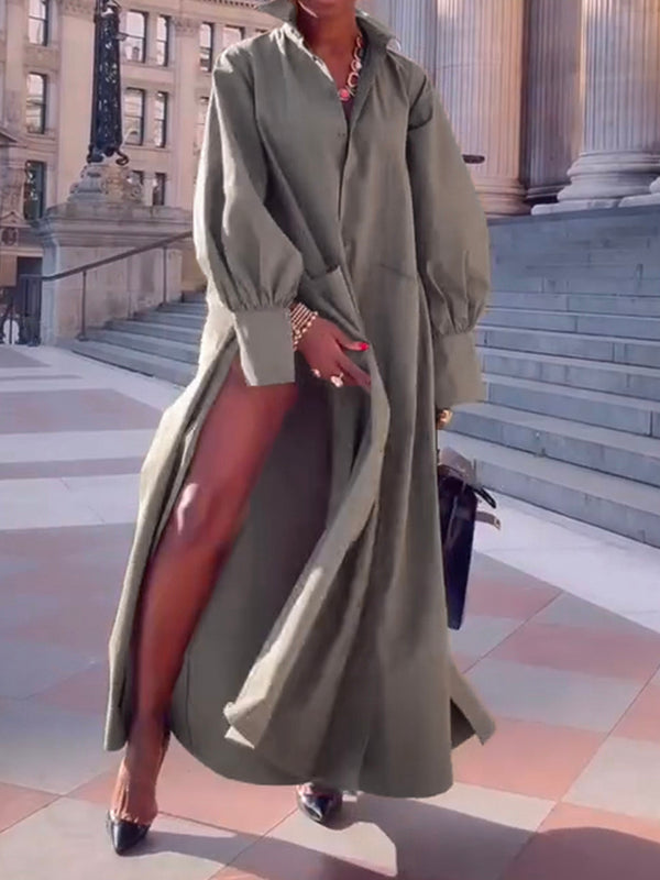 Long Sleeves Loose Solid Color Split-Joint Split-Side Lapel Maxi Dresses Shirt Dress