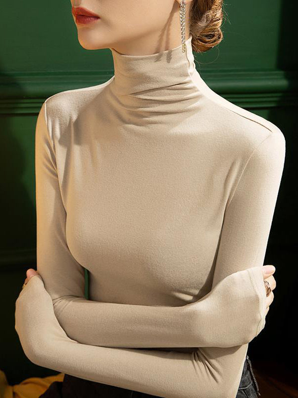 Solid Color Split-Joint Long Sleeves Plus Size High Neck T-Shirts Tops