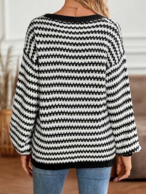 Striped Long Sleeves Loose V-Neck Sweater Tops Pullovers