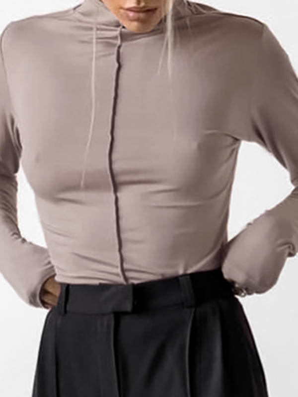 Solid Color Split-Joint Long Sleeves Skinny High Neck T-Shirts Tops