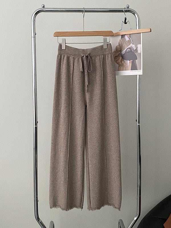 Fringed Pleated Solid Color Split-Joint Tied Waist High Waisted Loose Trousers Pants