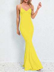 Solid Color Split-Joint Bodycon Mermaid Spaghetti-Neck Maxi Dresses