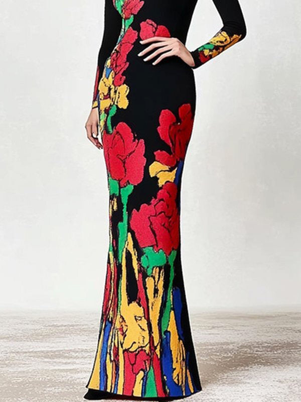 Flower Print Multi-Colored Skinny High Neck Maxi Dresses