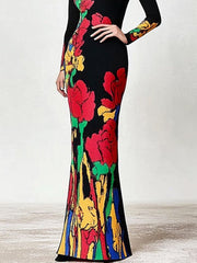 Flower Print Multi-Colored Skinny High Neck Maxi Dresses