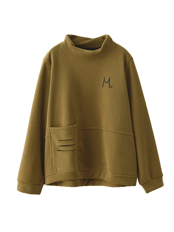 Simple Loose Long Sleeves Velvet Solid Color High-Neck Sweatshirt Tops