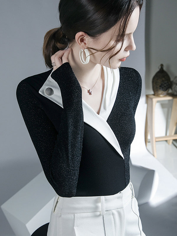 Asymmetric Contrast Color Split-Joint Long Sleeves Skinny V-neck Blouses&shirts Tops