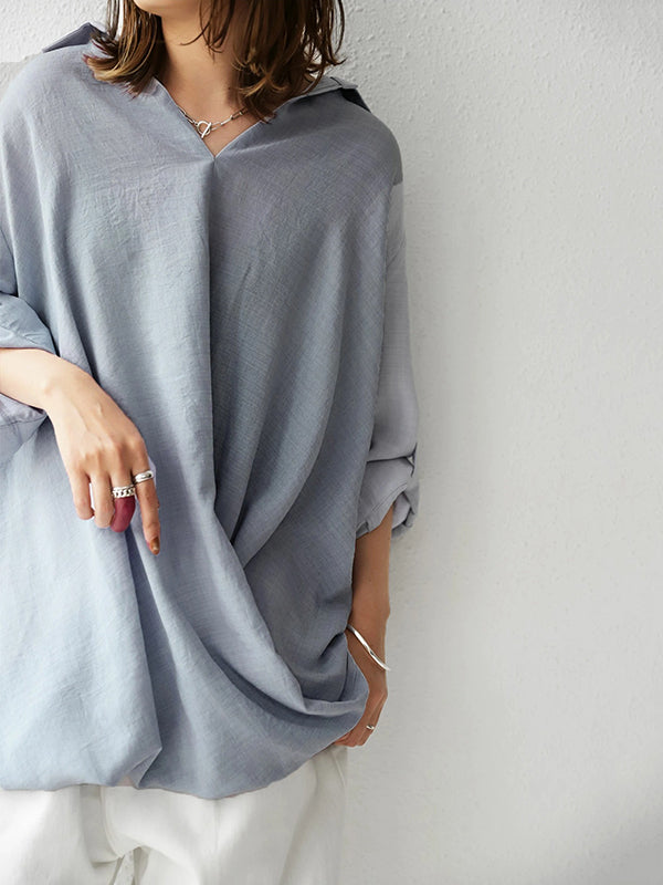 Loose Ramie Cotton Asymmetric Solid Color Blouse Top