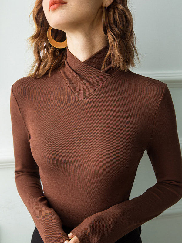Simple Solid Color Stand Collar Long Sleeves T-Shirt