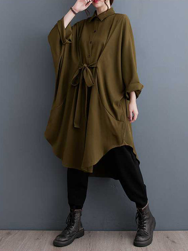 Buttoned Pleated Solid Color Split-Joint Tied Batwing Sleeves Long Sleeves Lapel Outerwear Midi Dresses
