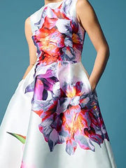 Flower Print Pockets A-Line High Waisted Round-Neck Midi Dresses