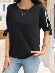 Hollow Split-Joint Tied Half Sleeves Loose Round-Neck T-Shirts Tops