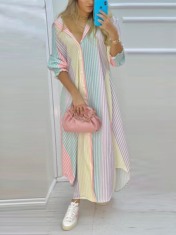 Irregular Clipping Three-Quarter Sleeves  Striped Lapel Maxi Dresses Shirt Dress