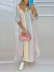Irregular Clipping Three-Quarter Sleeves  Striped Lapel Maxi Dresses Shirt Dress