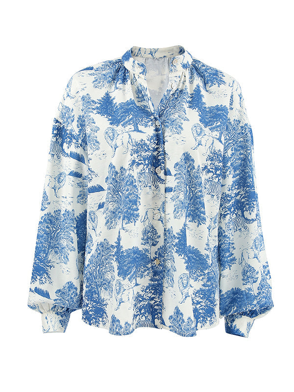 Floral Printed Pleated Split-Joint Loose Puff Sleeves Stand Collar Blouses&Shirts Tops