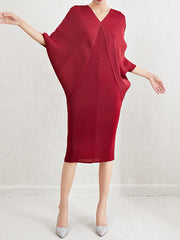 Pleated Solid Color Batwing Sleeves Loose V-Neck Midi Dresses