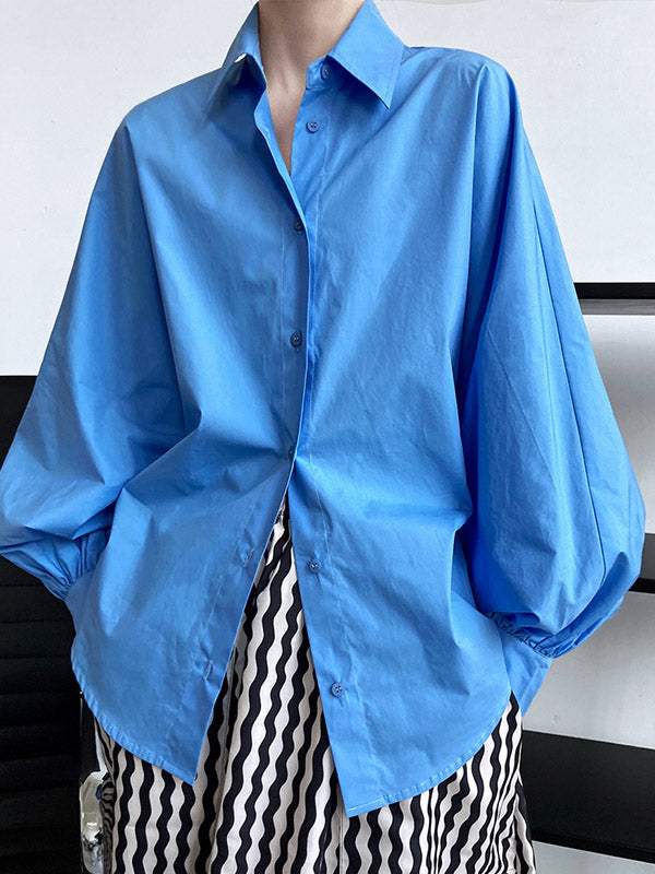 Buttoned Pleated Solid Color Long Sleeves Loose Lapel Blouses&Shirts Tops