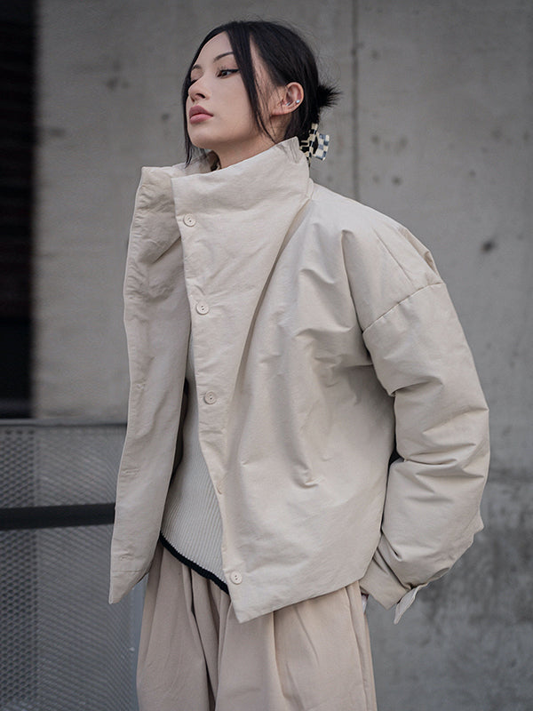Urban Long Sleeves Buttoned Asymmetric Solid Color Stand Collar Padded Coat