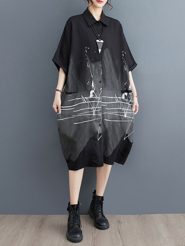 Pockets Printed Half Sleeves Loose Lapel Midi Dresses