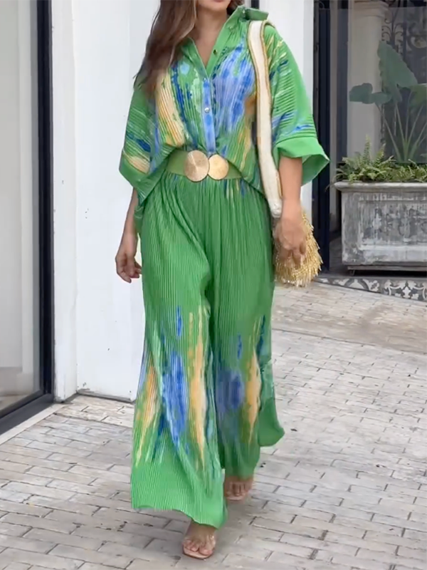 Loose Wide Leg Printed Lapel Collar Blouses Pants Pants Set Two Pieces Set