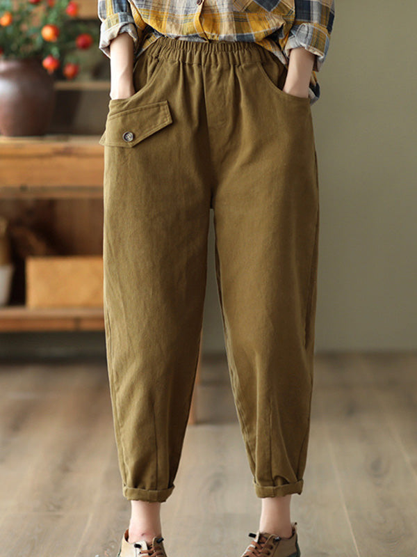 Artistic Retro Loose Solid Color Elasticity Casual Harem Pants Bottoms