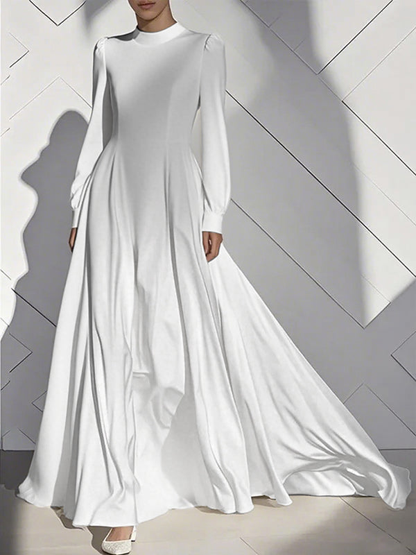 Pleated Solid Color Zipper A-Line High Waisted Mock Neck Maxi Dresses