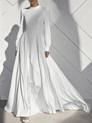 Pleated Solid Color Zipper A-Line High Waisted Mock Neck Maxi Dresses