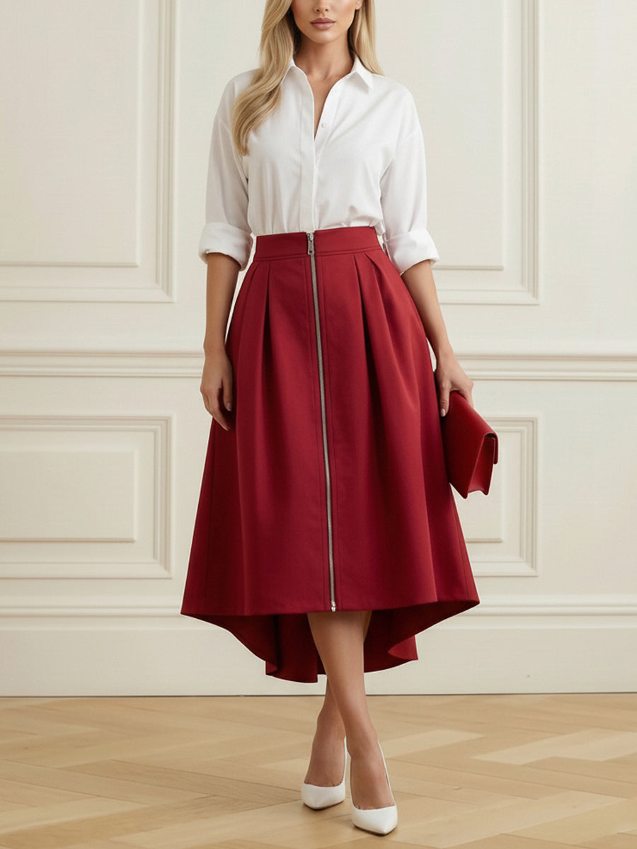 Pleated Pockets Solid Color Zipper A-Line High-Low Skirts Bottoms