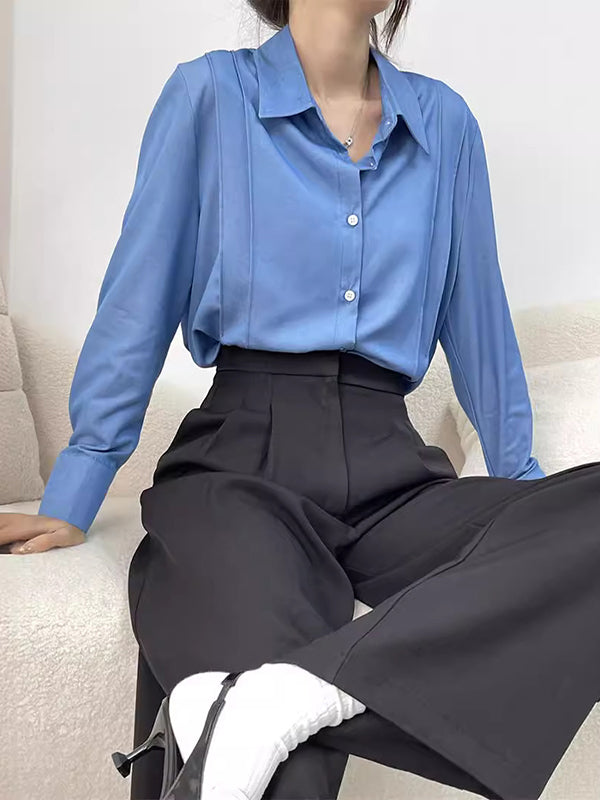 Pleated Split-Joint Long Sleeves Loose Lapel Blouses&Shirts Tops