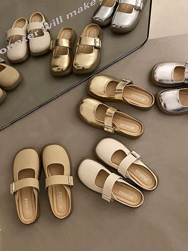 Belt Buckle Round-Toe Shallow Cut Split-Joint Slippers&Mules Platform Shoes
