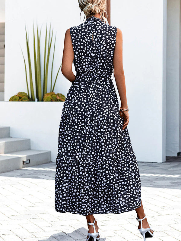 Casual Loose Sleeveless Tied Contrast Color Polka-Dot Stand Collar Maxi Dresses
