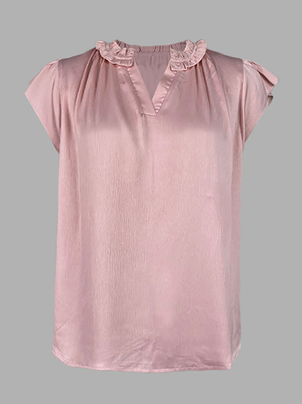 Pleated Solid Color Loose Ruffle Sleeves V-Neck T-Shirts Tops