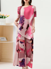 Original Loose Short Sleeves Contrast Color Printed Round-Neck T-Shirt Tops&Wide Legs Pants Two Pieces Set
