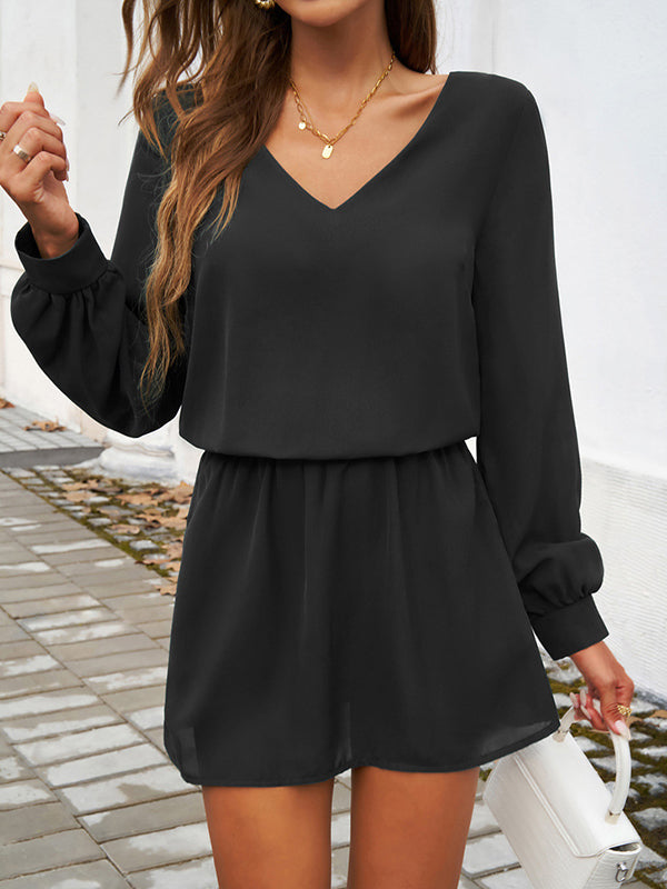 Elasticity Pleated Solid Color A-Line High Waisted V-Neck Mini Dresses