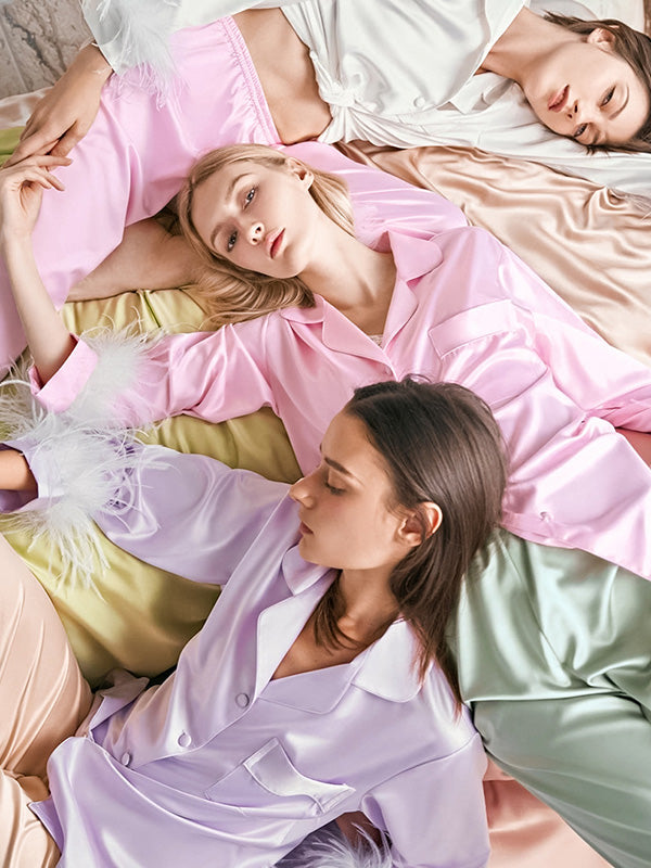 Notched Collar Long Sleeves Buttoned Feathers Split-Joint Shirts Top + Pants Bottom Pajama Sets