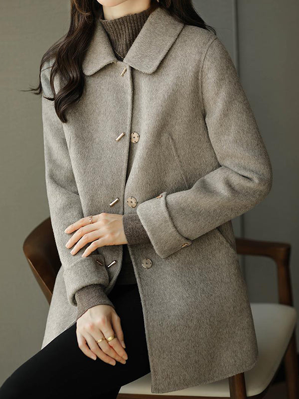 Buttoned Pockets Solid Color Long Sleeves Loose Lapel Woolen Coat