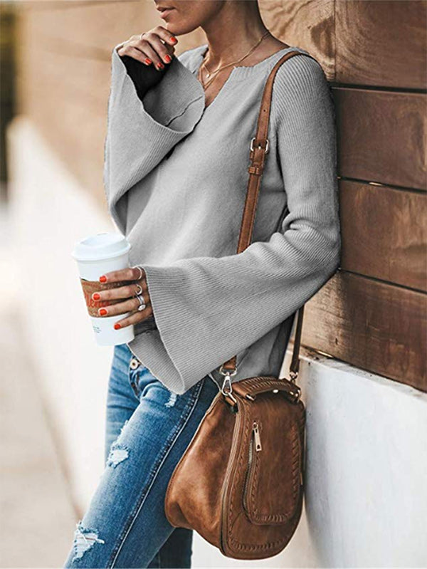 Casual Long Sleeves Loose Solid Color V-Neck Sweater Tops