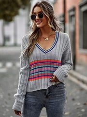 Casual Long Sleeves Striped V-Neck Sweater Tops