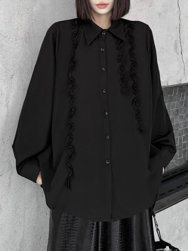 Buttoned Falbala Ruffled Solid Color Split-Joint Hipster Long Sleeves Lapel Blouses&shirts Tops