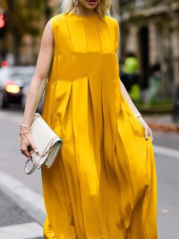 Pleated Solid Color Split-Joint A-Line Loose Round-Neck Maxi Dresses