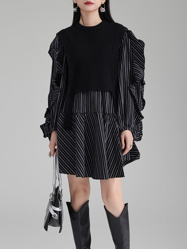 Ruffled Split-Joint Long Sleeves Loose Round-Neck Inner Mini Shirt Dress + Outer Vest Two Pieces Set